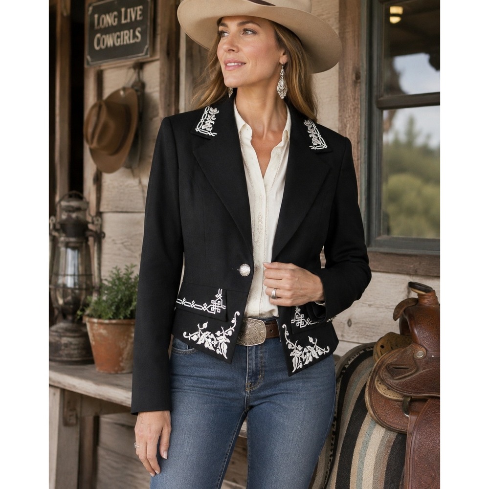 Vtg Hairston Roberson Black Wool Western Blazer Embroidered Cropped Jacket Sz 14